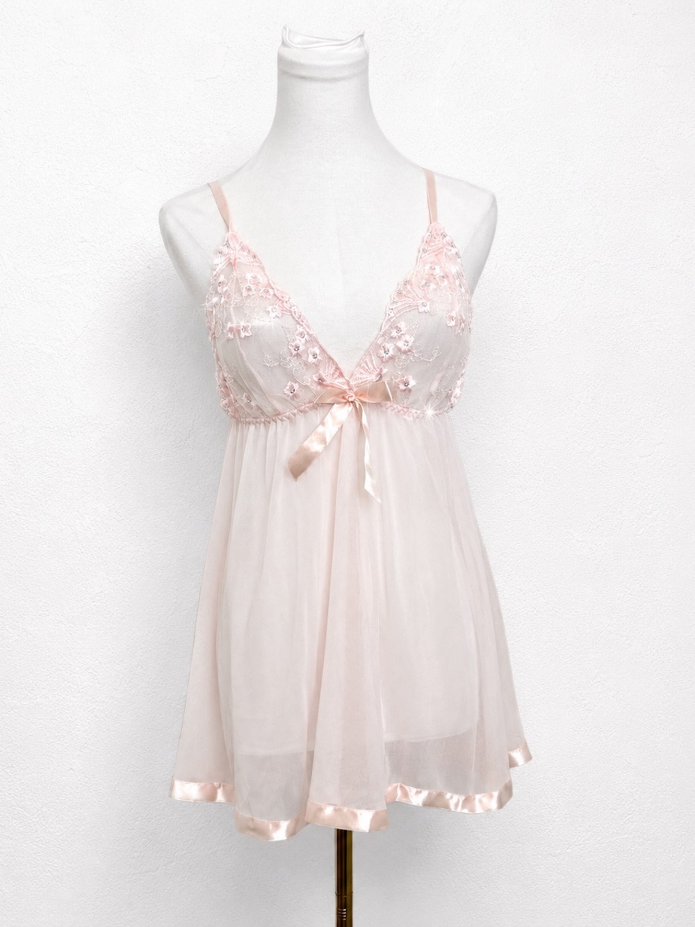 Vintage Pink Sheer Lace Babydoll Nightgown Coquette Fairycore Lingerie M